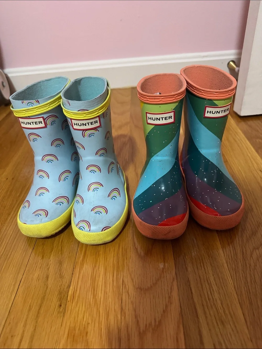 Hunter Kids Rain Boots in Light Blue Rainbow & Multicolor Wave
